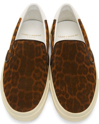 Женские коричневые кожаные слипоны с леопардовым принтом от Saint Laurent