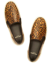 Женские коричневые кожаные слипоны с леопардовым принтом от Saint Laurent