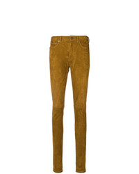 Коричневые кожаные узкие брюки от Saint Laurent