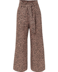 Коричневые льняные широкие брюки с леопардовым принтом