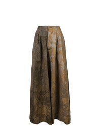 Коричневые льняные широкие брюки с цветочным принтом от Uma Wang