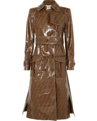 Женский коричневый кожаный плащ с принтом от Fendi