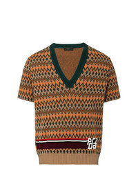 Коричневый свитер с v-образным вырезом с принтом