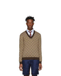 Мужской коричневый свитер с v-образным вырезом с принтом от Gucci