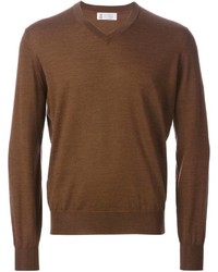 Мужской коричневый свитер с v-образным вырезом от Brunello Cucinelli