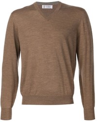 Мужской коричневый свитер с v-образным вырезом от Brunello Cucinelli