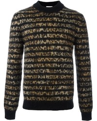 Коричневый свитер с круглым вырезом с леопардовым принтом