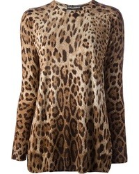 Женский коричневый свитер с круглым вырезом с леопардовым принтом от Dolce & Gabbana