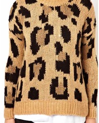 Женский коричневый свитер с круглым вырезом с леопардовым принтом от Pull&Bear