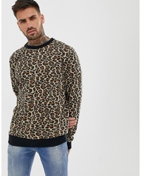 Мужской коричневый свитер с круглым вырезом с леопардовым принтом от Pull&Bear