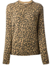 Женский коричневый свитер с круглым вырезом с леопардовым принтом