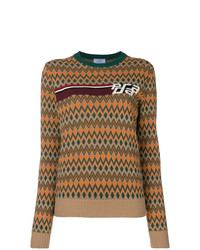 Женский коричневый свитер с круглым вырезом с принтом от Prada
