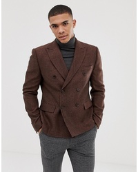 Мужской коричневый шерстяной двубортный пиджак с узором "в ёлочку" от ASOS DESIGN