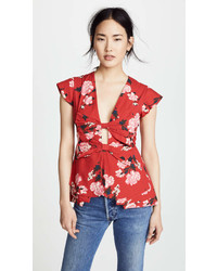 Красная блуза с коротким рукавом с цветочным принтом