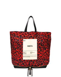 Красная кожаная большая сумка с леопардовым принтом