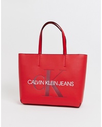 Красная кожаная большая сумка с принтом от Calvin Klein Jeans
