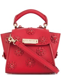 Красная кожаная сумка через плечо с цветочным принтом от Zac Posen