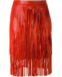 Красная кожаная юбка c бахромой от Drome