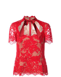 Красная кружевная блуза с коротким рукавом от Marchesa