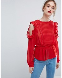 Красная кружевная блузка с рюшами