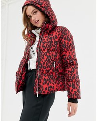 Женская красная куртка-пуховик с леопардовым принтом от New Look