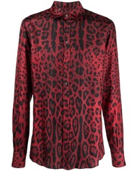 Мужская красная рубашка с длинным рукавом с леопардовым принтом от Dolce & Gabbana
