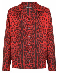 Мужская красная рубашка с длинным рукавом с леопардовым принтом от Dolce & Gabbana