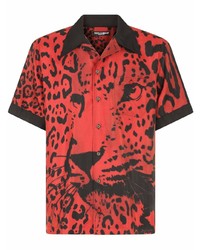 Мужская красная рубашка с коротким рукавом с леопардовым принтом от Dolce & Gabbana