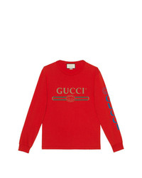 Мужская красная футболка с длинным рукавом с вышивкой от Gucci