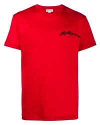 Мужская красная футболка с круглым вырезом с вышивкой от Alexander McQueen