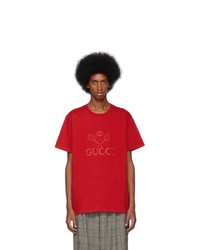 Мужская красная футболка с круглым вырезом с вышивкой от Gucci