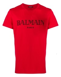 Мужская красная футболка с круглым вырезом с принтом от Balmain