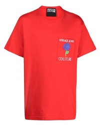 Мужская красная футболка с круглым вырезом с цветочным принтом от VERSACE JEANS COUTURE