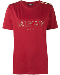 Женская красная футболка с принтом от Balmain