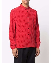 Мужская красная шелковая рубашка с длинным рукавом в горошек от Saint Laurent