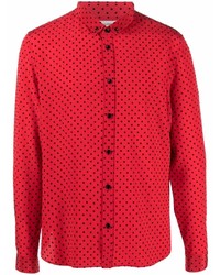 Мужская красная шелковая рубашка с длинным рукавом в горошек от Saint Laurent