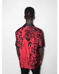 Мужская красная шелковая рубашка с коротким рукавом с леопардовым принтом от Dolce & Gabbana