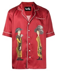 Мужская красная шелковая рубашка с коротким рукавом с принтом от Haculla