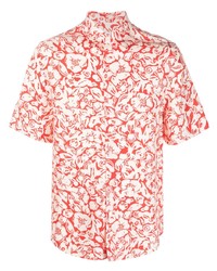 Красная шелковая рубашка с коротким рукавом с цветочным принтом