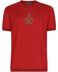 Мужская красная шелковая футболка с круглым вырезом с вышивкой от Dolce & Gabbana