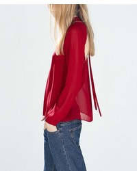 Красная шифоновая блузка с длинным рукавом