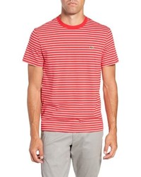 Красно-белая футболка с круглым вырезом в горизонтальную полоску