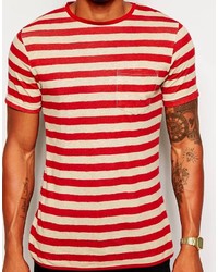 Мужская красно-белая футболка с круглым вырезом в горизонтальную полоску