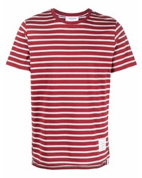Мужская красно-белая футболка с круглым вырезом в горизонтальную полоску от Thom Browne