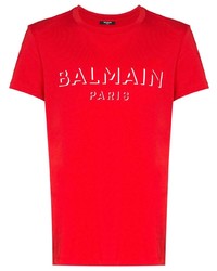 Мужская красно-белая футболка с круглым вырезом с принтом от Balmain