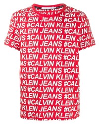 Мужская красно-белая футболка с круглым вырезом с принтом от Calvin Klein Jeans