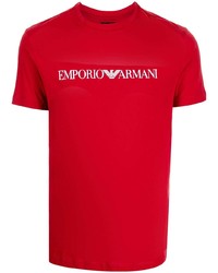 Мужская красно-белая футболка с круглым вырезом с принтом от Emporio Armani