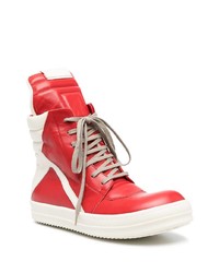 Мужские красно-белые кожаные высокие кеды от Rick Owens
