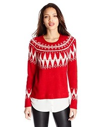 Красно-белый свитер с круглым вырезом