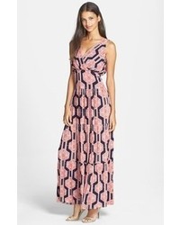 Красно-темно-синее платье-макси с принтом